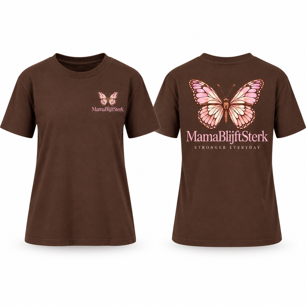 Chocolatebrown BY211 T-shirt met Peach-Cream MamaBlijftSterk vlinderprint voor- en achterkant