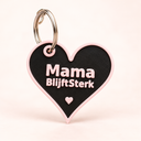 Zwarte hartvormige MamaBlijftSterk-sleutelhanger met roze rand en letters, klein roze hartje en metalen sleutelring.