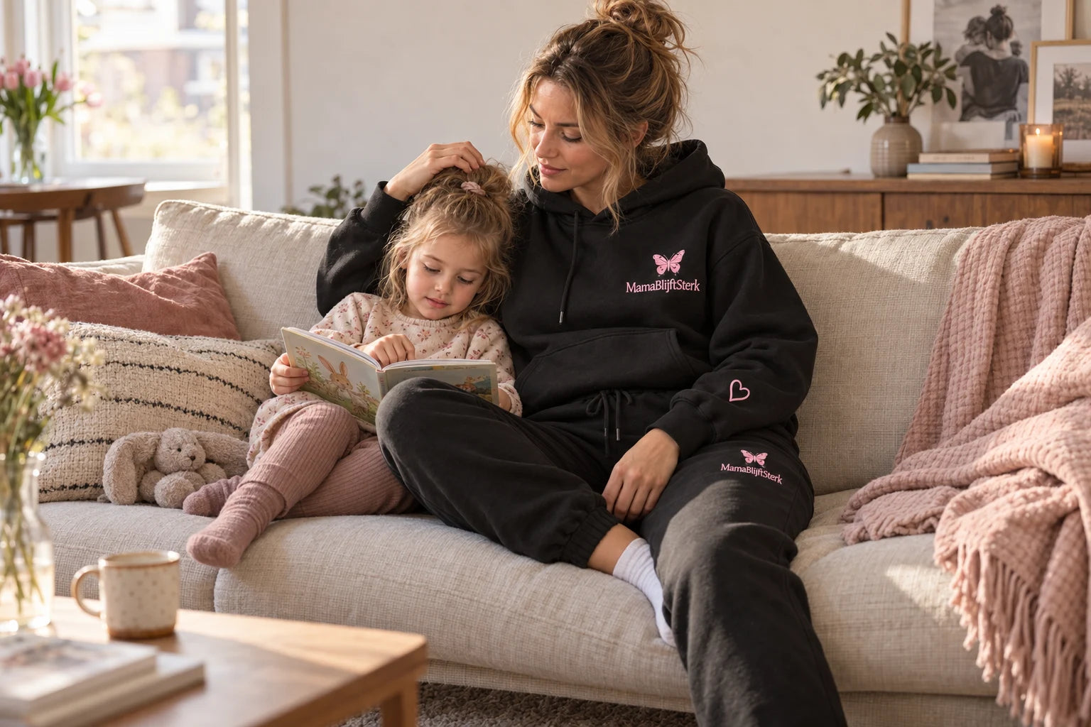 Mama in een zwarte MamaBlijftSterk comfort set, samen met haar dochter op de bank